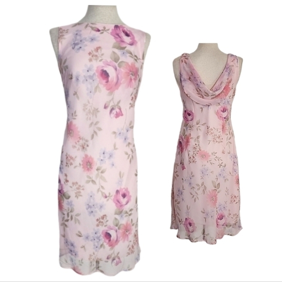 None Dresses & Skirts - Dress Cowl Drape Back Floral Semi Sheer Overlay Lined Pink Size M